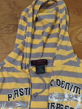 Plastic Hooded Stripe Zip-Up Jacket - Yellow & Gray     girl   M
